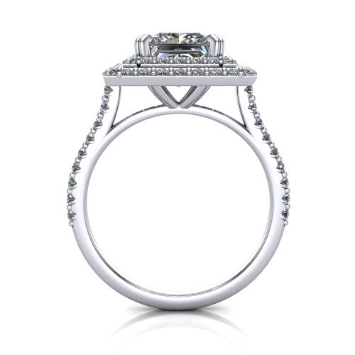 Trinity Princess Shape Halo Engagement Ring in 18K White Gold