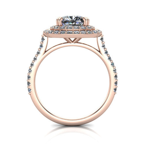 Trinity Cushion Shape Halo Engagement Ring in 18K Rose Gold