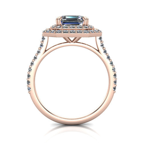 Trinity Square Emerald Shape Halo Engagement Ring in 14K Rose Gold