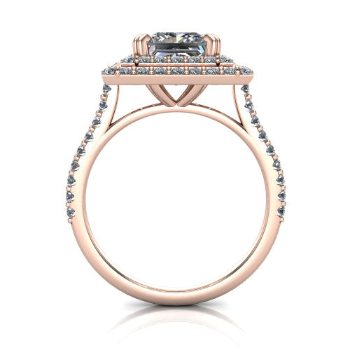 Trinity Princess Shape Halo Engagement Ring in 14K Rose Gold
