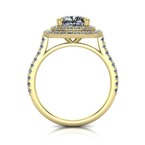Trinity Cushion Shape Halo Engagement Ring in 14K Yellow Gold