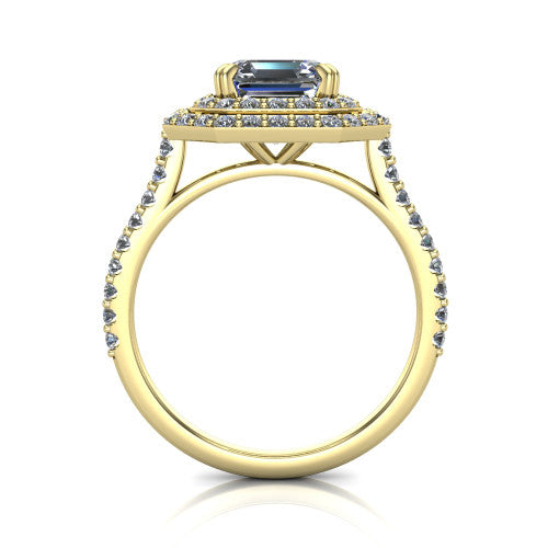 Trinity Square Emerald Shape Halo Engagement Ring in 14K Yellow Gold