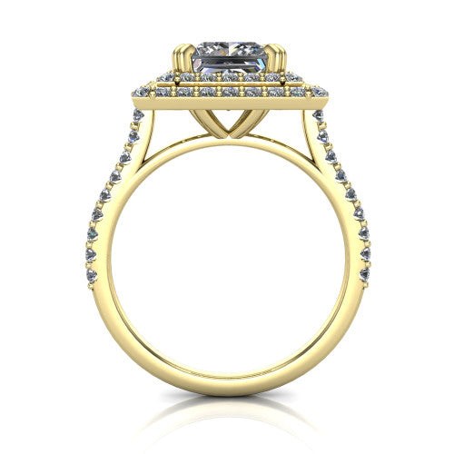 Trinity Princess Shape Halo Engagement Ring in 18K Yellow Gold
