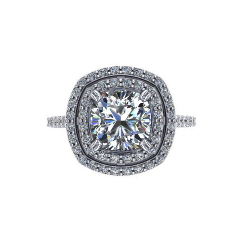 Trinity Cushion Shape Halo Engagement Ring in 18K White Gold