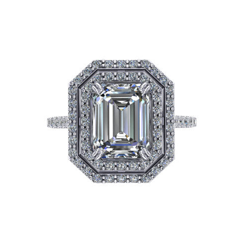Trinity Emerald Shape Halo Engagement Ring in Platinum