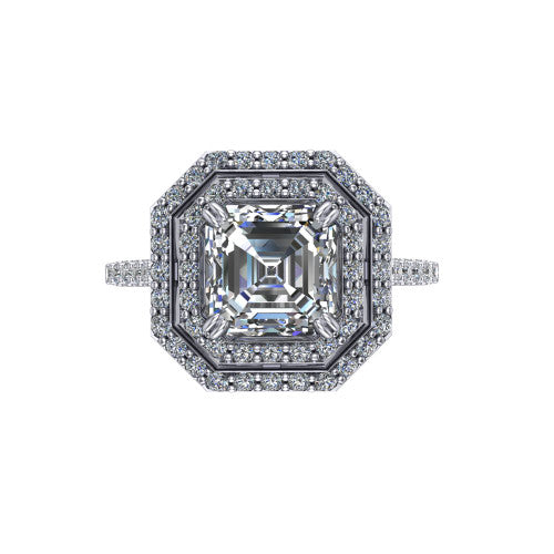 Trinity Square Emerald Shape Halo Engagement Ring in Platinum