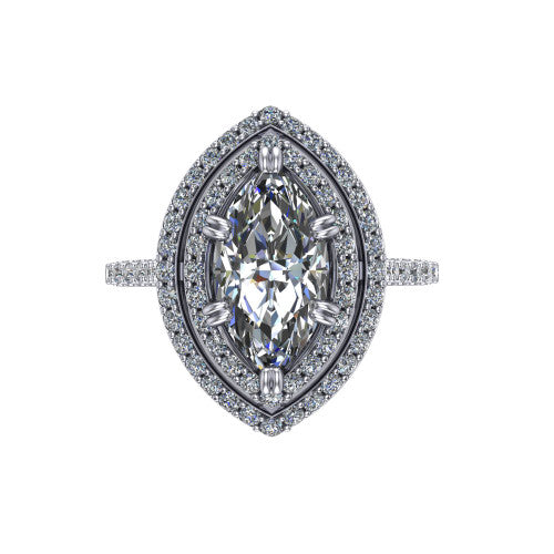 Trinity Marquise Shape Halo Engagement Ring in 18K White Gold