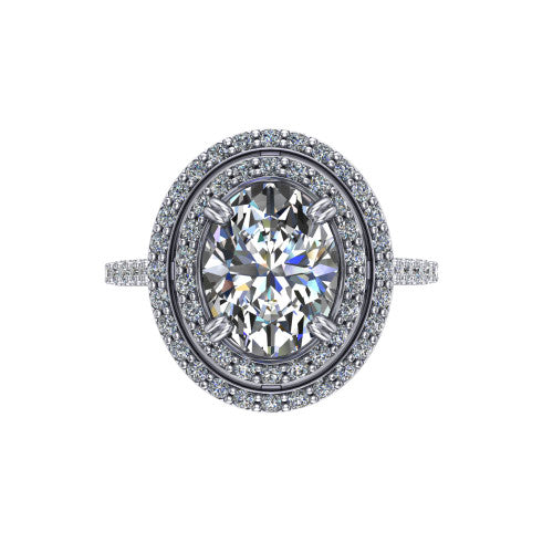 Trinity Oval Shape Halo Engagement Ring in Platinum