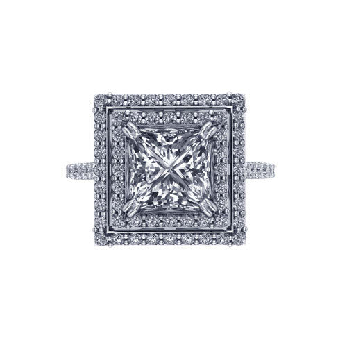 Trinity Princess Shape Halo Engagement Ring in 18K White Gold