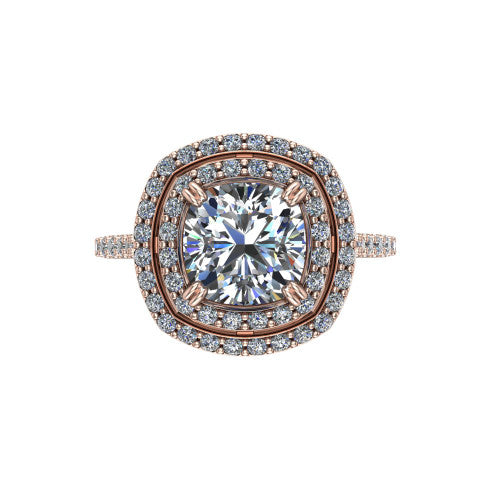Trinity Cushion Shape Halo Engagement Ring in 14K Rose Gold