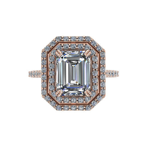 Trinity Emerald Shape Halo Engagement Ring in 14K Rose Gold