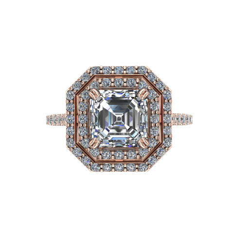 Trinity Square Emerald Shape Halo Engagement Ring in 14K Rose Gold