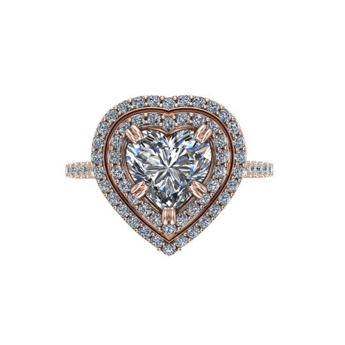 Trinity Heart Shape Halo Engagement Ring in 14K Rose Gold