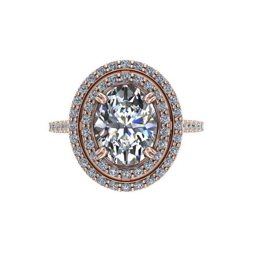 Trinity Oval Shape Halo Engagement Ring in 18K Rose Gold