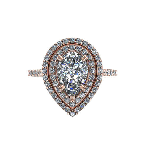 Trinity Pear Shape Halo Engagement Ring in 14K Rose Gold