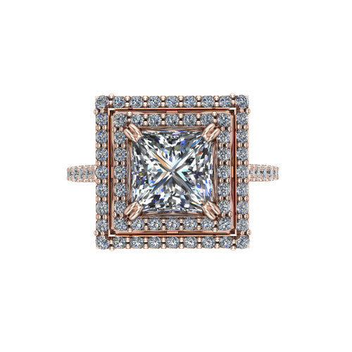 Trinity Princess Shape Halo Engagement Ring in 18K Rose Gold