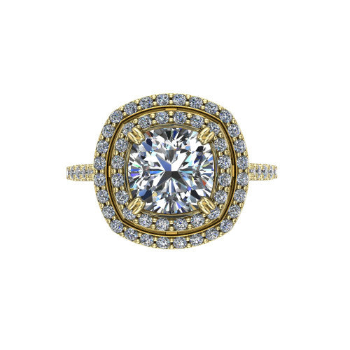 Trinity Cushion Shape Halo Engagement Ring in 18K Yellow Gold