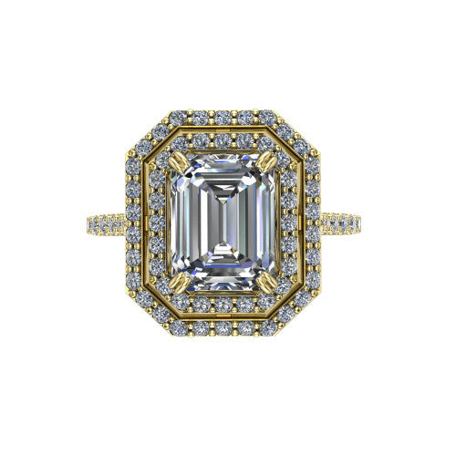 Trinity Emerald Shape Halo Engagement Ring in 14K Yellow Gold