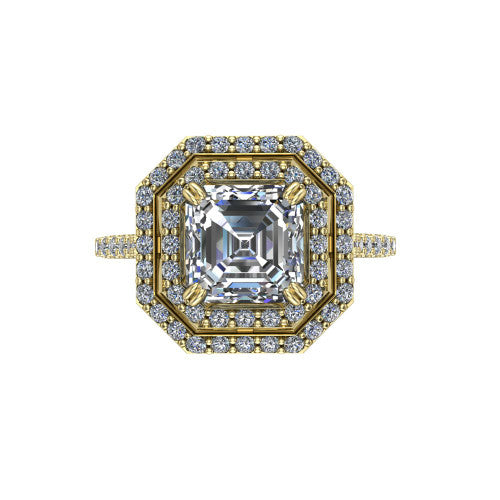 Trinity Square Emerald Shape Halo Engagement Ring in 18K Yellow Gold
