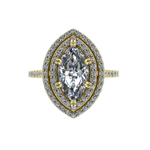 Trinity Marquise Shape Halo Engagement Ring in 14K Yellow Gold