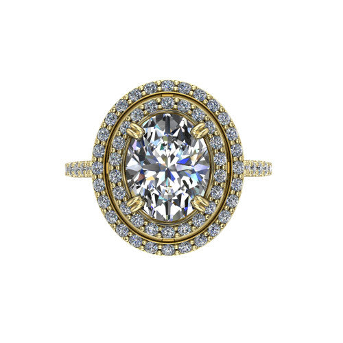 Trinity Oval Shape Halo Engagement Ring in 14K Yellow Gold