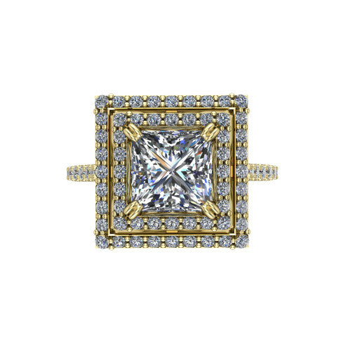 Trinity Princess Shape Halo Engagement Ring in 14K Yellow Gold