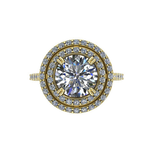 Trinity Round Shape Halo Engagement Ring in 18K Yellow Gold