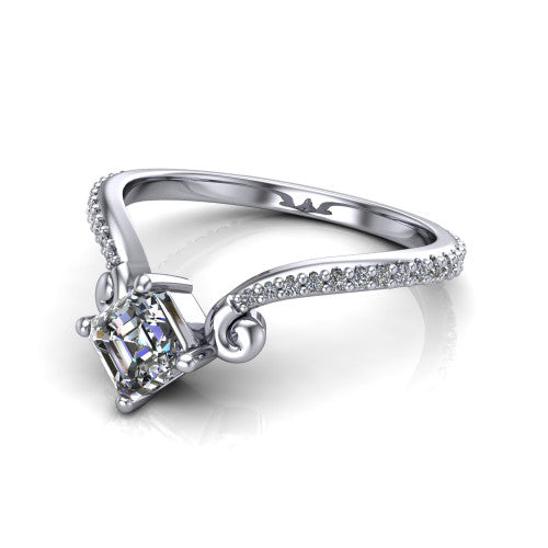 Aveline square emerald solitaire engagement ring in 18K White Gold, three-quarter perspective showing the square emerald center diamond above a chevron pave band with scroll shoulders
