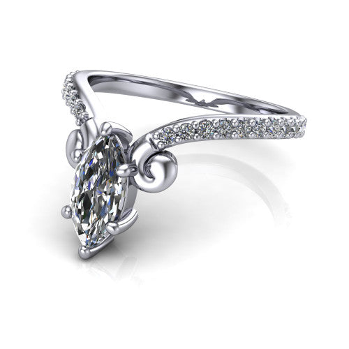 Aveline marquise solitaire engagement ring in 18K White Gold, three-quarter perspective showing the marquise center diamond above a chevron pave band with scroll shoulders