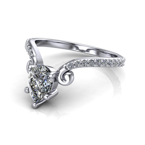 Aveline pear solitaire engagement ring in 14K White Gold, three-quarter perspective showing the pear center diamond above a chevron pave band with scroll shoulders
