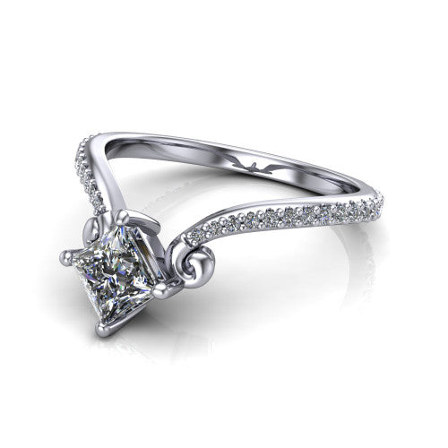 Aveline princess solitaire engagement ring in Platinum, three-quarter perspective showing the princess center diamond above a chevron pave band with scroll shoulders