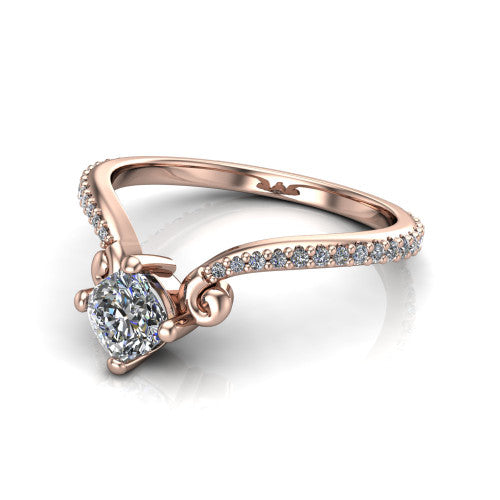 Aveline cushion solitaire engagement ring in 14K Rose Gold, three-quarter perspective showing the cushion center diamond above a chevron pave band with scroll shoulders