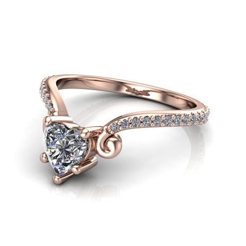 Aveline heart solitaire engagement ring in 18K Rose Gold, three-quarter perspective showing the heart center diamond above a chevron pave band with scroll shoulders