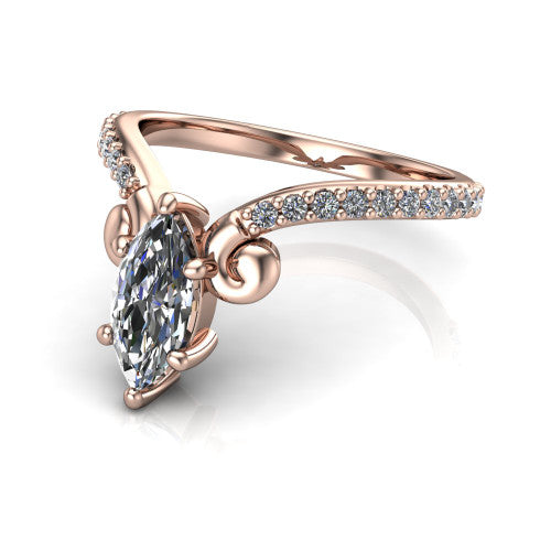 Aveline marquise solitaire engagement ring in 18K Rose Gold, three-quarter perspective showing the marquise center diamond above a chevron pave band with scroll shoulders