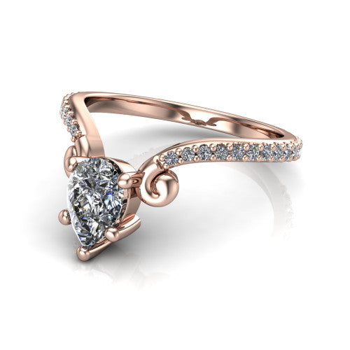 Aveline pear solitaire engagement ring in 14K Rose Gold, three-quarter perspective showing the pear center diamond above a chevron pave band with scroll shoulders