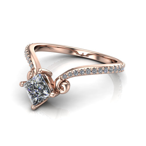 Aveline princess solitaire engagement ring in 18K Rose Gold, three-quarter perspective showing the princess center diamond above a chevron pave band with scroll shoulders