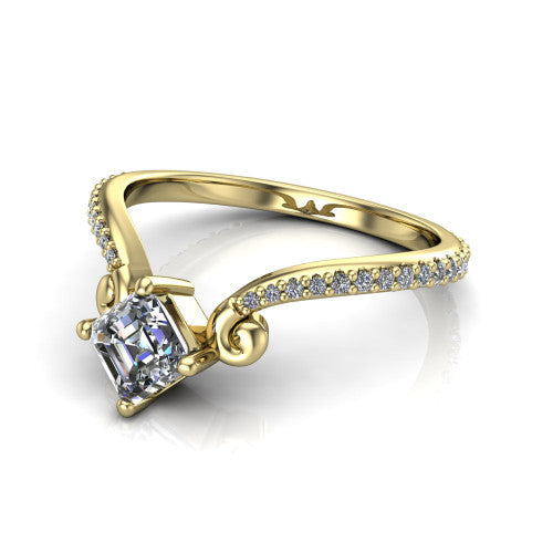 Aveline square emerald solitaire engagement ring in 14K Yellow Gold, three-quarter perspective showing the square emerald center diamond above a chevron pave band with scroll shoulders