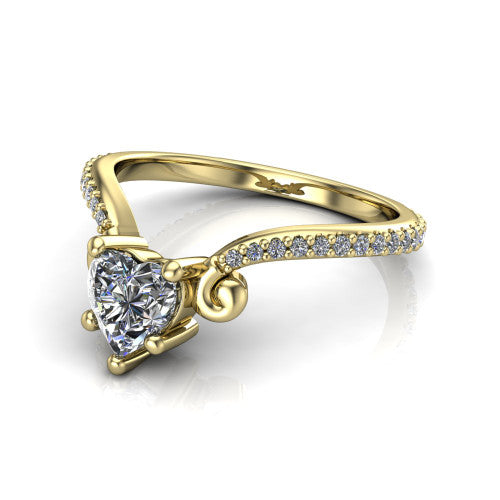 Aveline heart solitaire engagement ring in 18K Yellow Gold, three-quarter perspective showing the heart center diamond above a chevron pave band with scroll shoulders