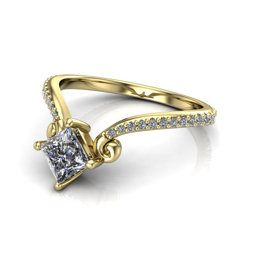 Aveline princess solitaire engagement ring in 14K Yellow Gold, three-quarter perspective showing the princess center diamond above a chevron pave band with scroll shoulders