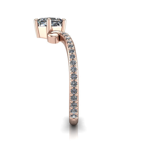 Aveline square emerald solitaire engagement ring in 18K Rose Gold, side profile showing the peaked chevron pave band