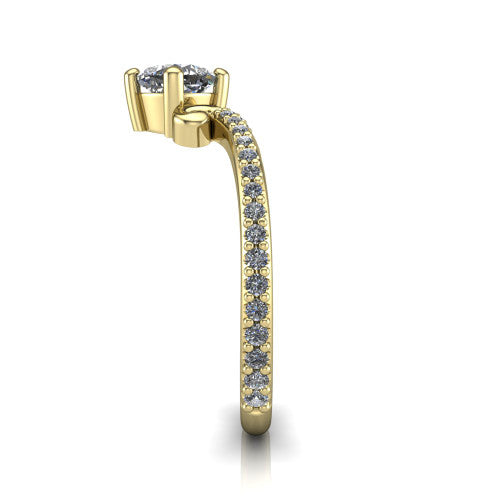 Aveline cushion solitaire engagement ring in 14K Yellow Gold, side profile showing the peaked chevron pave band