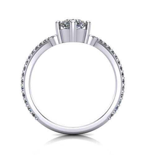 Aveline cushion solitaire engagement ring in Platinum, through-finger front profile showing the chevron band and open basket