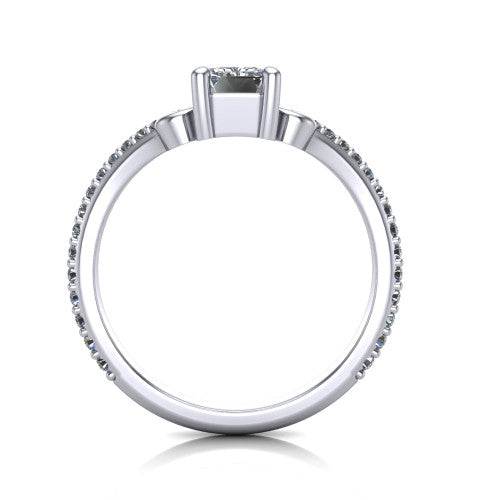 Aveline emerald solitaire engagement ring in Platinum, through-finger front profile showing the chevron band and open basket
