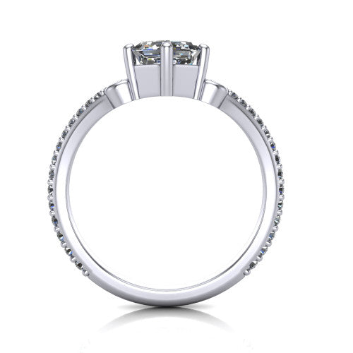 Aveline square emerald solitaire engagement ring in Platinum, through-finger front profile showing the chevron band and open basket