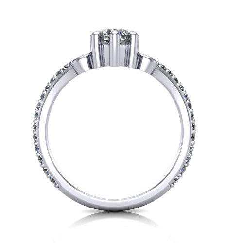 Aveline heart solitaire engagement ring in 14K White Gold, through-finger front profile showing the chevron band and open basket