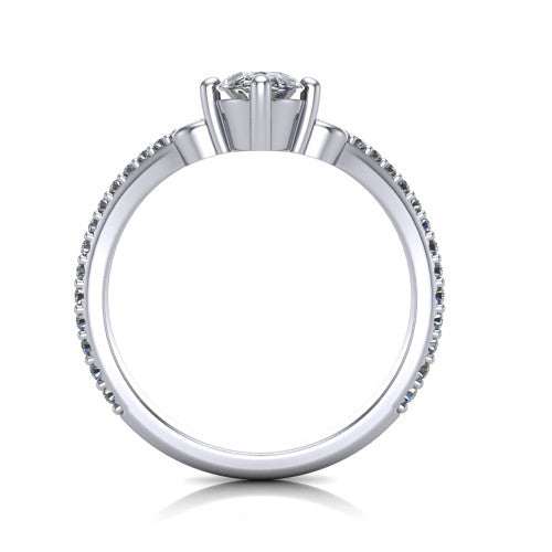 Aveline oval solitaire engagement ring in Platinum, through-finger front profile showing the chevron band and open basket
