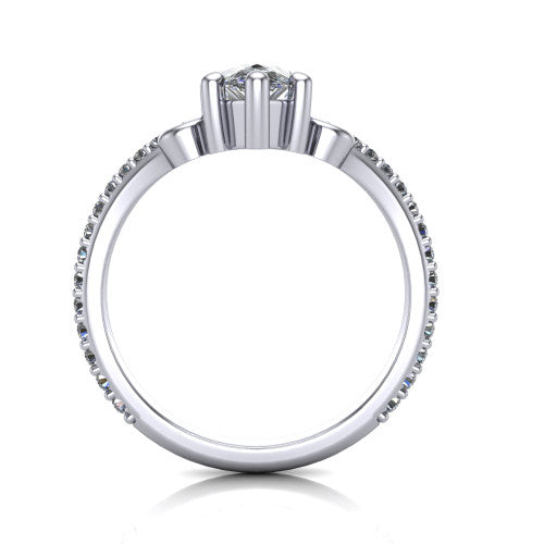 Aveline pear solitaire engagement ring in 18K White Gold, through-finger front profile showing the chevron band and open basket