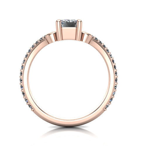 Aveline emerald solitaire engagement ring in 18K Rose Gold, through-finger front profile showing the chevron band and open basket