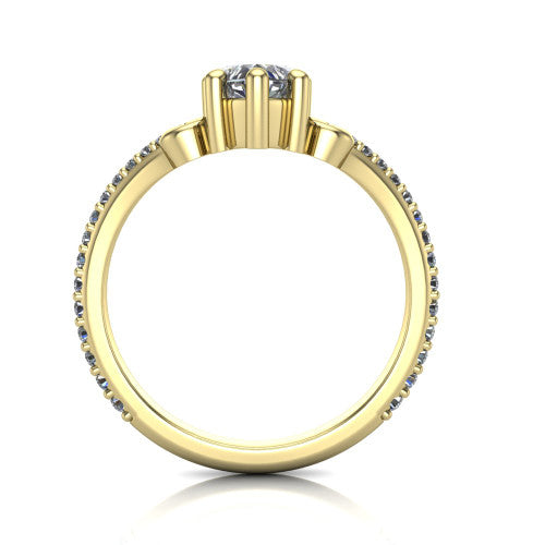 Aveline heart solitaire engagement ring in 14K Yellow Gold, through-finger front profile showing the chevron band and open basket