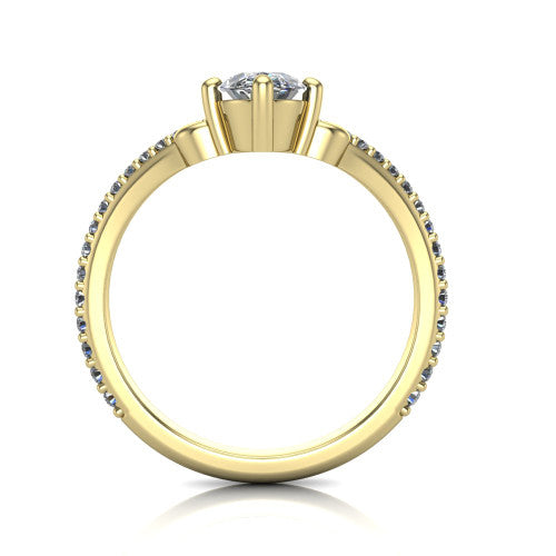 Aveline oval solitaire engagement ring in 14K Yellow Gold, through-finger front profile showing the chevron band and open basket
